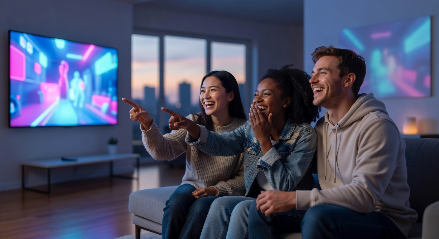 Friends laughing and enjoying a digital experience together